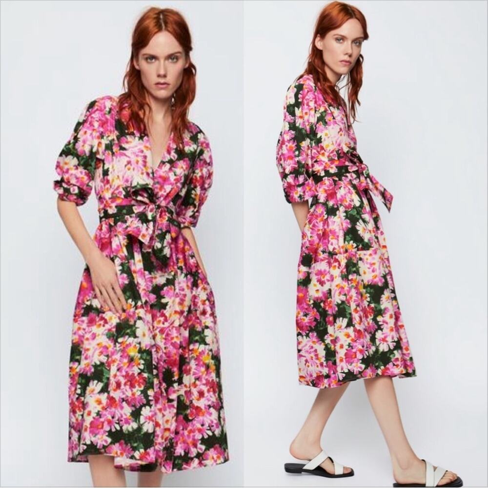 Zara Floral Belted Long Sleeve Midi Dress Pink Green Blogger Fav Medium